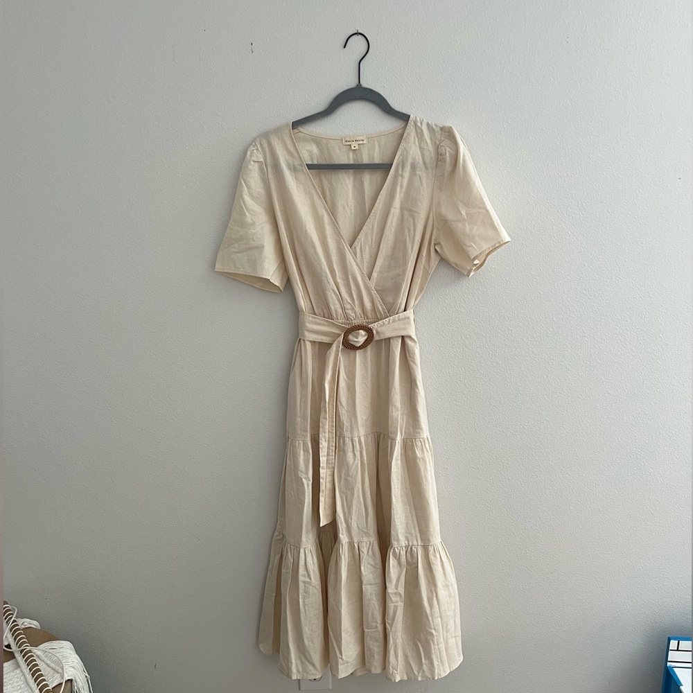 Shop Stevie Cream Wrap Midi Dress with Belt